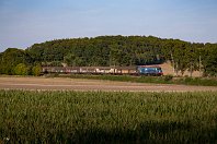 km 107,0  Nur wenige Kilometer weiter wechselt die Strecke wieder zurück nach Nordrhein-Westfalen, um kurz darauf wieder in Niedersachsen zu liegen. Bei Tecklenburg-Leeden befindet sich der Zug an dieser Stelle in Niedersachsen, während mein Fotostandpunkt in NRW liegt. Am 22. August 2019 rollte hier die von Mathias Oestreich gestaltete »Nightrider«-Lok 185 601-2 von HSL mit einem langen Güterzug durch den Sommerabend. : a - Aufnahmeort, a Deutschland, ao Tecklenburg-Leeden, eb - Eigentümer- / Betreiberbezeichnung, eb HSL 185 601-2, en 91 80 6185 601-2, es 2200 km 107-0