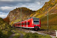 km 126,5  Von dem Bahnübergang, der auf dem vorangegangenen Bild oberhalb des Zuges zu sehen ist, entstand diese herbstliche Aufnahme. Eine Doppeleinheit 425/435 mit 425 531-1 an der Spitze ist auf der RE-Linie 8 auf dem Weg nach Koblenz. Auf dem Berg ist wieder die historische Burgruine Hammerstein zu sehen. Der Zug befindet sich an dieser Stelle bereits auf Leutesdorfer Gebiet (25. Oktober 2009). : 425" / 435, a Deutschland, ao Leutesdorf, eb DB 425 531-1, es 2324 km 126-5