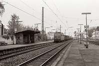km 120,0  Bad Hönningen hat dank eines Chemiebetriebs (Solvay, früher Kali-Chemie) und eines Kohlensäurewerks etwas umfangreichere Gleisanlagen und damit einen bedeutenderen Bahnhof. Der Durchgangsgüterverkehr rauscht allerdings an den beiden Gleisen der Hauptstrecke durch, so wie dies hier 151 066-8 am 28. Oktober 1987 mit einem langen Güterzug macht. : a Deutschland, ao Bad Hönningen, ao Bad Hönningen Bf, eb DB 151 066-8, ef 31809 Henschel (1974), es 2324 km 120-0
