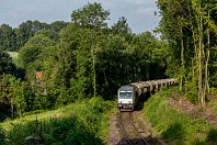 km 10,4  Zu den zuverlässigen Zugleistungen im Angertal gehört der Kalkmehlzug 59203 aus Rommerskirchen, der im Fahrplanjahr 2015 regelmäßig mit einer Diesel-TRAXX von RheinCargo bespannt war. Die DE 802 passiert hier gerade den Gut Kleinhof im Tal, der allerdings wegen der üppigen Vegetation bestenfalls zu erahnen ist. Die Lok wird eine gute Stunde später mit dem Gegenzug wieder die Rückfahrt antreten (4. Juli 2015). : 2, 92 80 1285 (Bombardier TRAXX), RC - RheinCargo, Str 2404 Ratingen - Wülfrath, Z 59203, a - Aufnahmeort, a Deutschland, ao Heiligenhaus-Hofermühle, eb RheinCargo DE 802, ef 34843 Bombardier Ksl (2013), en 92 80 1285 113-7, es 2404 km 10-4, ez - Zugnummer