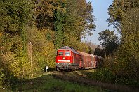 km 13,0  Zwischen dem Bahnhof Flandersbach und dem Kalkwerk liegen nur noch rund eineinhalb Kilometer.  Kurz vor seinem Ziel rollt 232 230-3 mit dem morgendlichen GM 60800 über das »Rasengleis« des herbstlichen Tals auf Rohdenhaus zu. Dort wird die Lok dann umsetzen und einen beladenen Kalkzug in die Gegenrichtung übernehmen (7. November 2020). : 2, 232 (DR 132), 92 80 1232, Str 2404 Ratingen - Wülfrath, a - Aufnahmeort, a Deutschland, eb DB 232 230-3, en 92 80 1232 230-3, es 2404 km 13-0