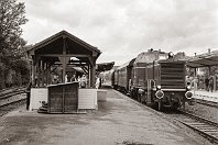 km 43,7  Bahnhof Korbach: Hier fuhr die V 65 001 in den 1950er-Jahren tatsächlich planmäßig vor den Personenzügen – dazu folgen auch noch einige weitere Bilder. Am 2. Oktober 1999 kam die schöne MaK-Diesellok allerdings von Brilon aus mit einem Sonderzug in das waldecksche Upland. Weiter ging es damals noch nicht: Es sollte noch 16 Jahre dauern, bis die Züge über die Strecke 2972 weiter bis Frankenberg fahren. : 265 (DB V 65), ODF - Osnabrücker Dampflokfreunde, Str 2972 Warburg - Korbach - Marburg, a - Aufnahmeort, a Deutschland, ao Korbach, ao Korbach Bf, eb DB 265 001-8, eb ODF V 65 001, ef 600004 MaK (1956), es 2972 km 43-7