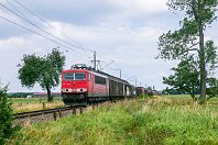 km 7,3  Der Güterverkehr auf der Strecke ist leider recht unregelmäßig, aber ab und zu muss die Wartezeit ja auch einmal mit etwas Glück belohnt werden: Hier schleppt der »Energiecontainer« aus DDR-Produktion 155 230 in gemächlicher Fahrt einen langen gemischten Zug aus dem Bahnhof Berne in Richtung Hude. Im Hintergrund ist noch das Einfahrsignal des Bahnhofs zu sehen (10. Juli 2006). : 155 (DR 250), Str 1503 Hude - Blexen, a - Aufnahmeort, a Deutschland, ao Berne (Wesermarsch), eb DB 155 230, es 1503 km 7-3