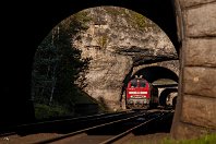 km 46,4  Am Hufstättetunnel gibt es Dank der dichten Folge an Tunneln den bei Eisenbahnfotografen recht bekannten »Vier-Tunnel-Blick«. 218 275 sehen wir hier mit einer Regionalbahn nach Nürnberg bei der Fahrt durch den 185 m langen Sonnenburgtunnel. Das Bild lässt das enge und wildromantische Tal, durch das sich die Bahn 1877 ihren Weg schlug, gut erahnen (1. Oktober 2007). : 218 (DB V 164), Str 5903 N Hbf - Schirnding Grenze, a - Aufnahmeort, a Deutschland, ao Hartenstein-Lungsdorf, eb DB 218 275, ef 31752 Henschel, es 5903 km 46-4