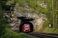 km 46,4  Der Zug befindet sich fast an der gleichen Stelle wie auf dem beiden vorangegangenen Bildern, aber nun blicken wir direkt auf das Portal des Sonnenburgtunnels, der durch seinen markanten Felsüberhang besonders auffällt. 612 487 braust hier auf Nürnberg zu. Das Foto mag kaum zu vermitteln, mit welcher Geschwindigkeit die Züge durch das Tal brettern (3. Mai 2008). : DB 612, Str 5903 N Hbf - Schirnding Grenze, a - Aufnahmeort, a Deutschland, ao Hartenstein-Lungsdorf, eb DB 612 487-9, es 5903 km 46-4